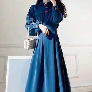 Women's Retro Blue Shirt Dress - Midi Length, Cinched Waist, Shiny Size xs, NWOT